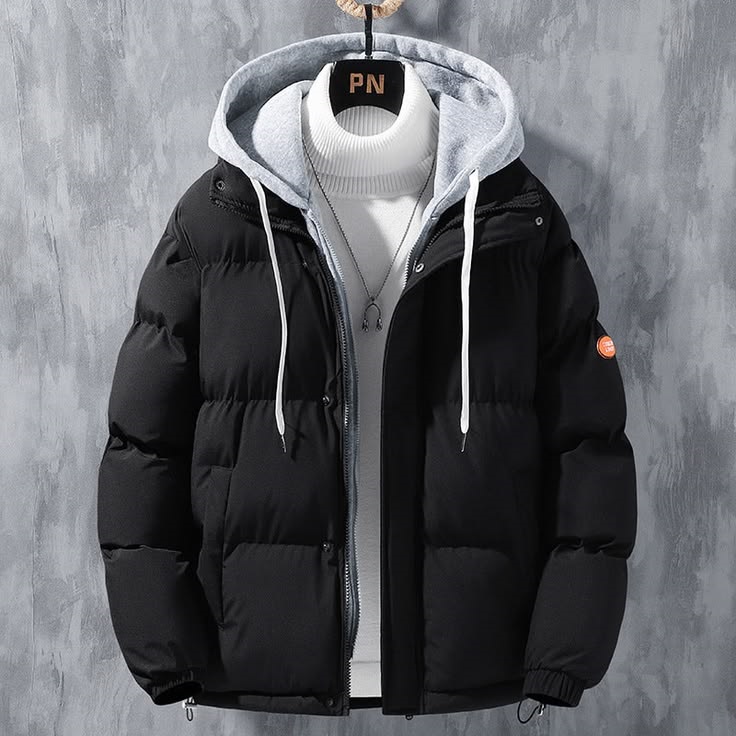fashion hooded jacket men winter windproof thickened fake two piece coat solid leisure sports cot…